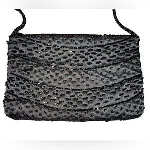 Vintage Magid Black Beaded Evening Crossbody Handbag with Zipper Closure